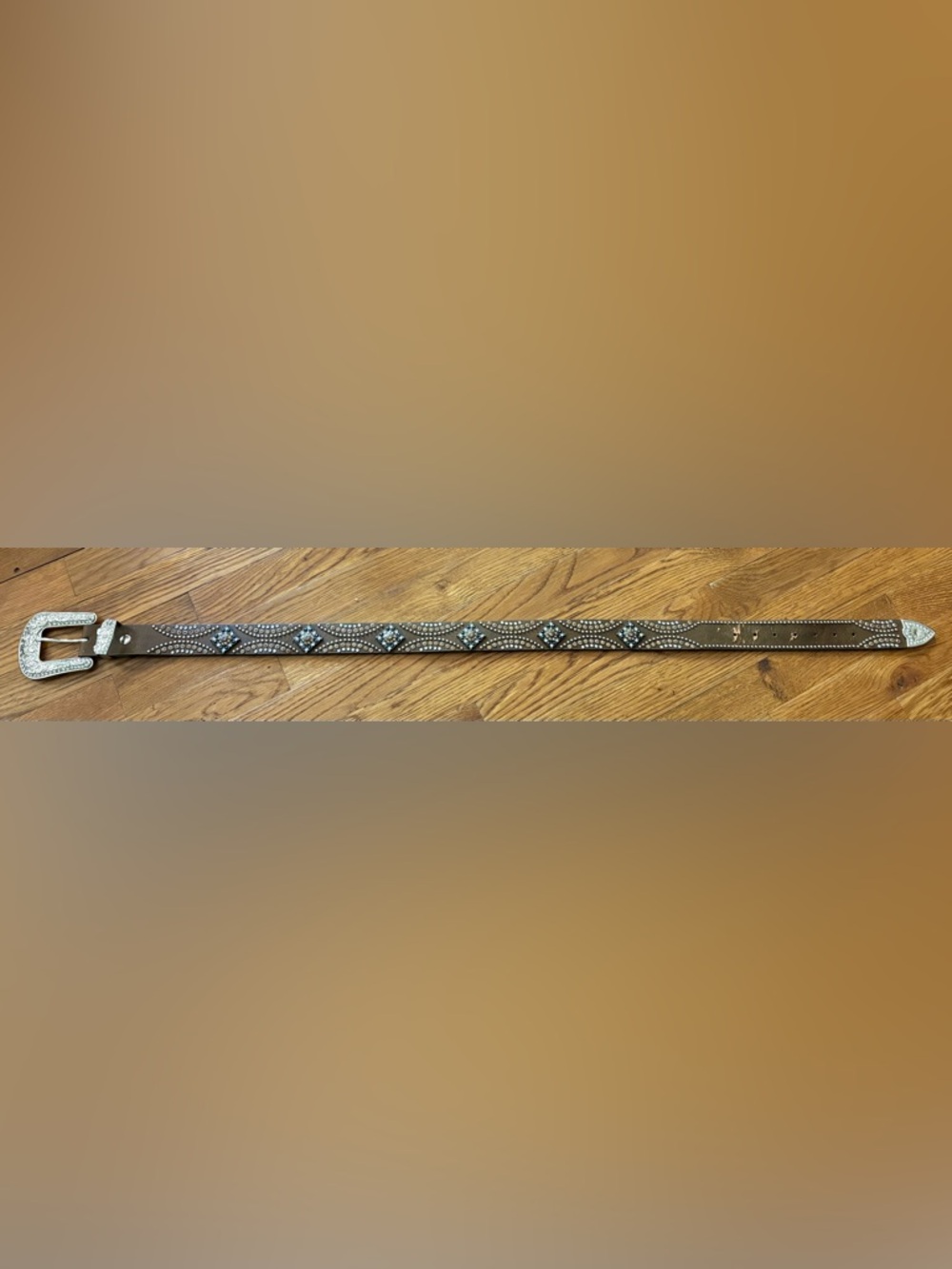 Western Studded Belt & Rhinestone Buckle, Leather, Size M, EUC